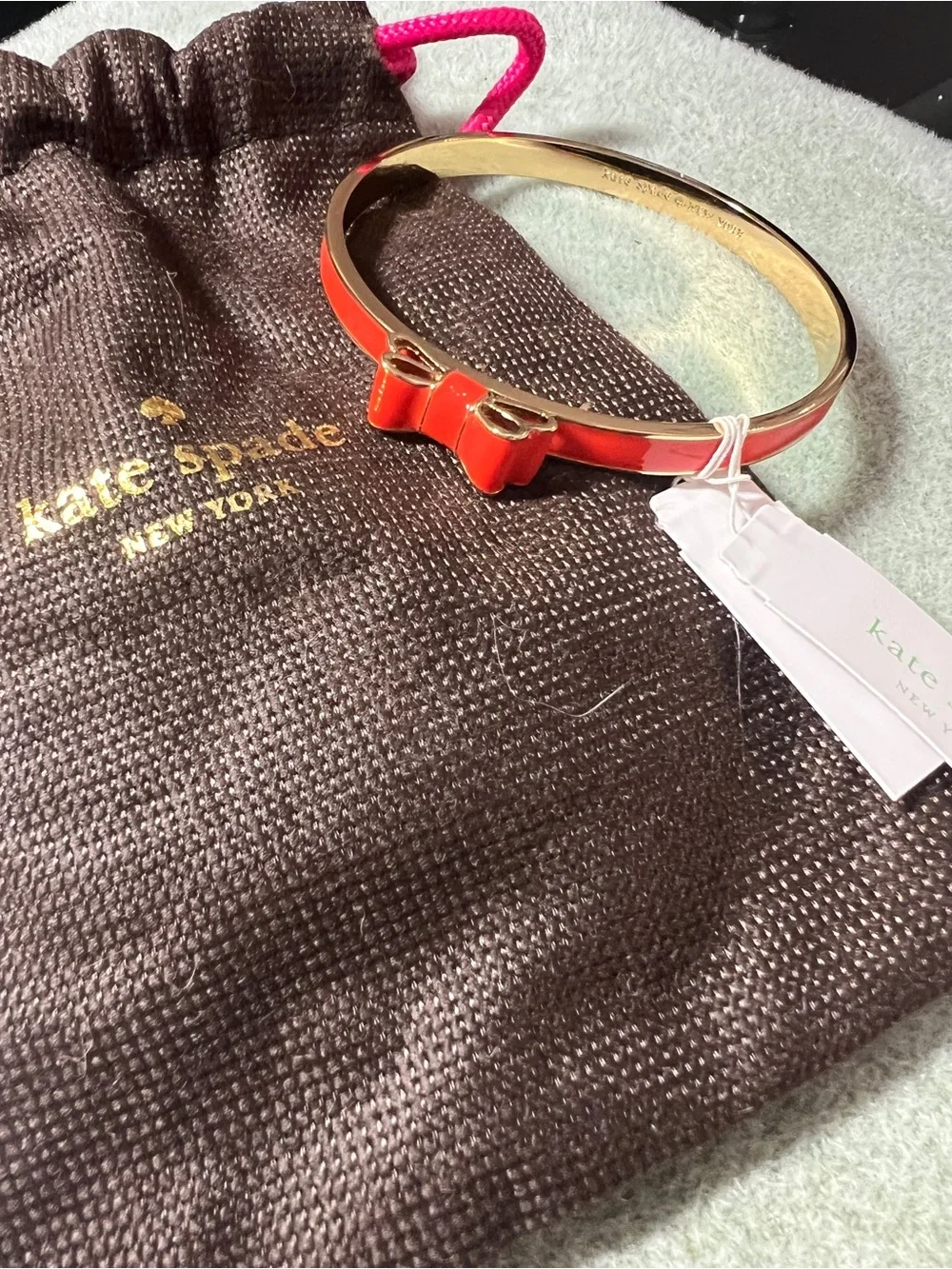 NWT and Dust Bag Vintage Kate Spade Red Lacquer Bow Bangle Moon River